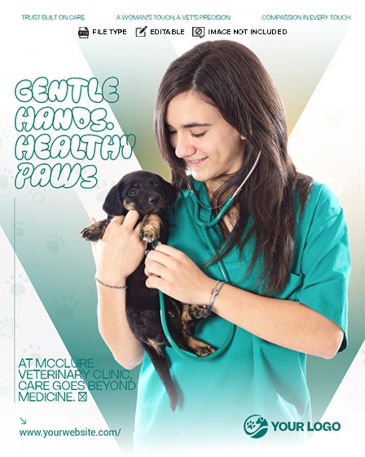 Promoción de la clínica veterinaria con el veterinario y el cachorro