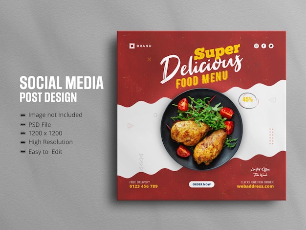 Promoción de comida deliciosa en redes sociales y diseño de publicación de banner de instagram