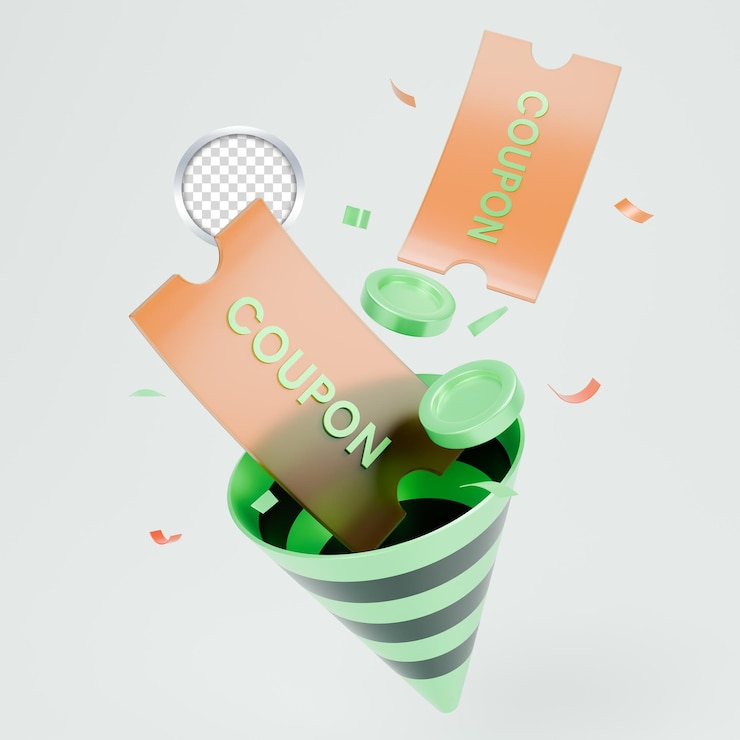 PSD promoción de cupones con confeti y monedas