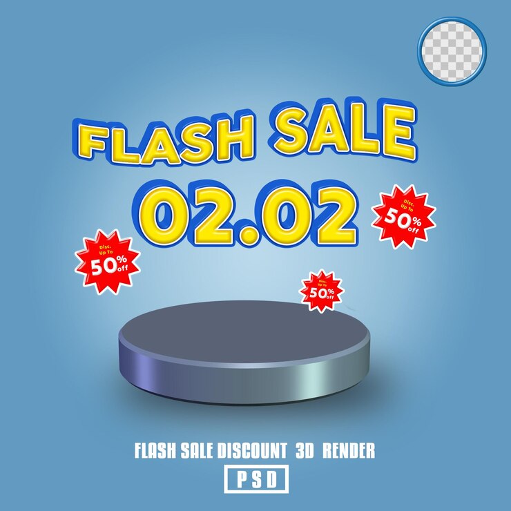 PSD promoción de descuento de venta flash de renderizado 3d con colección de podio