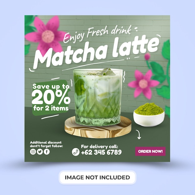 Promoción de menú de bebidas de matcha latte con plantilla de publicación en redes sociales psd premium
