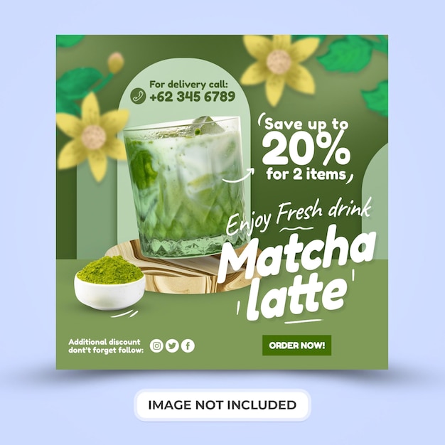 PSD promoción de menú de bebidas de matcha latte con plantilla de publicación en redes sociales psd premium