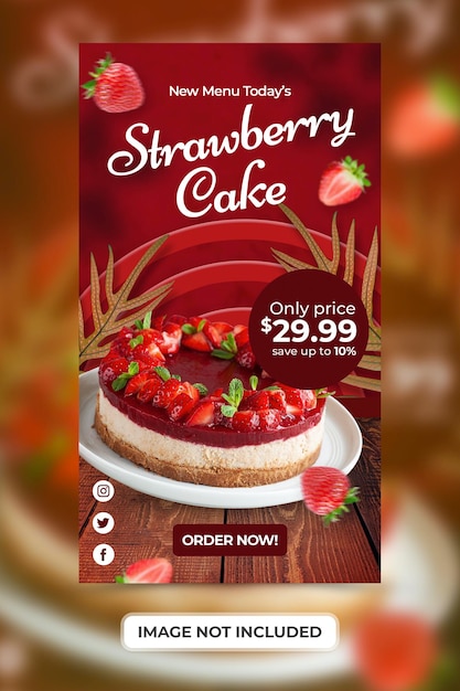 PSD promoción de menú de pastel de fresa con plantilla de banner de historias de instagram de redes sociales