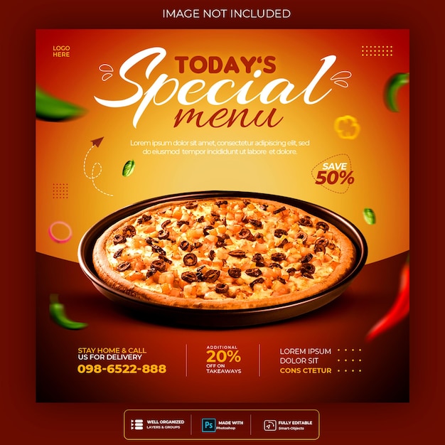 Promoción de pizza en redes sociales y diseño de publicación de banner de instagram