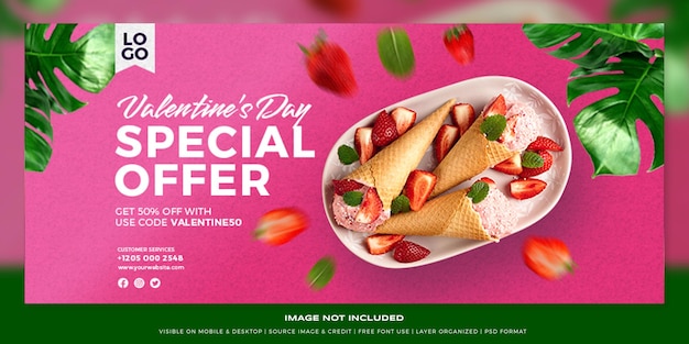 Promoción de portada de facebook de comida y bebida en el día de san valentín psd premium