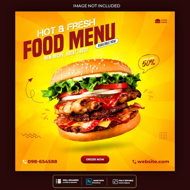 Promoción de redes sociales de alimentos y plantilla de diseño de publicación de banner de instagram