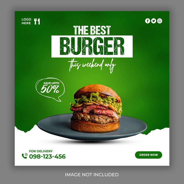 Promoción de redes sociales de comida de hamburguesa deliciosa y plantilla de diseño de publicación de banner de instagram