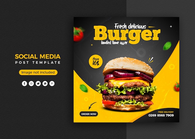 Promoción de redes sociales de hamburguesas y plantilla de diseño de publicación de banner de instagram