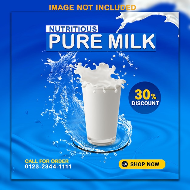 Promoción de redes sociales de leche pura nutritiva y plantilla de diseño de publicación de banner psd premium