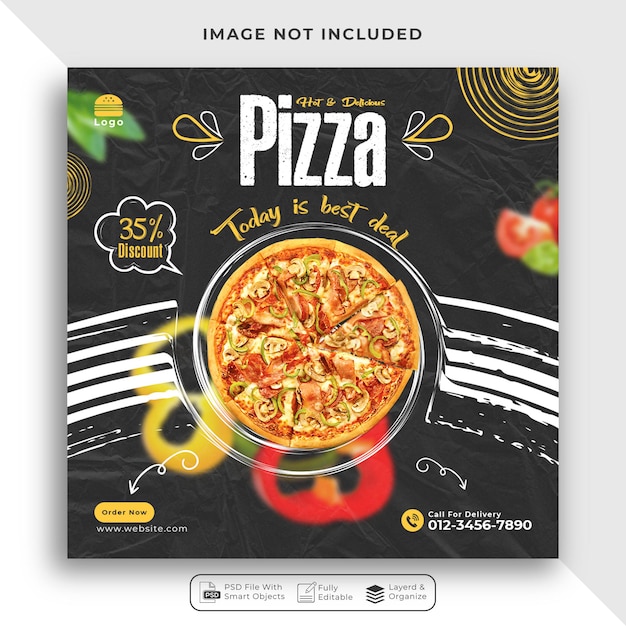 Promoción de redes sociales del menú de pizza super delicious y banner de publicación de instagram