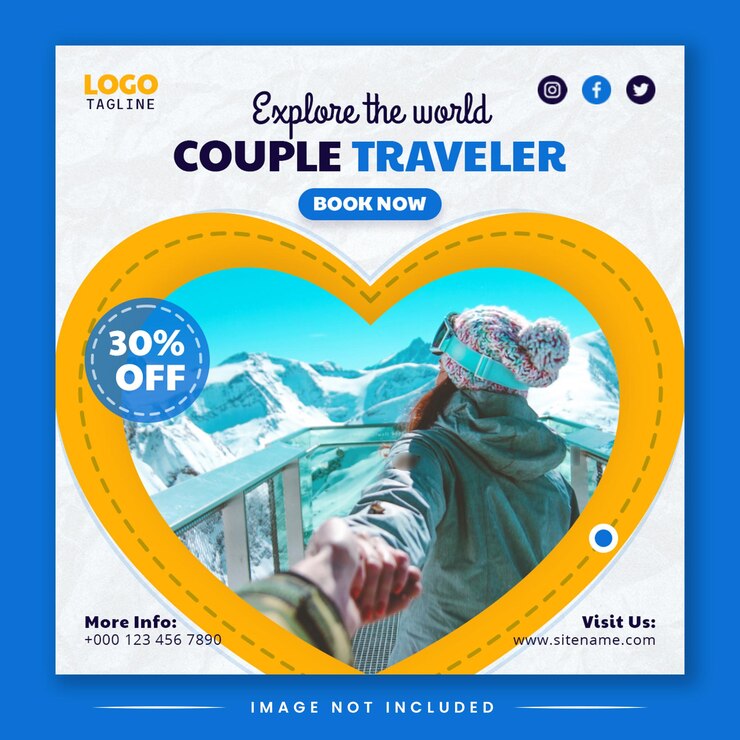 Promoción de redes sociales Pareja viajero Plantilla editable de banner de publicación de Instagram