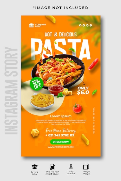 Promoción de redes sociales de pasta y comida caliente y deliciosa y plantilla de historia de banner de instagram