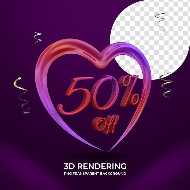 Promoción de venta del día de san valentín 50 por ciento de descuento en renderizado 3d