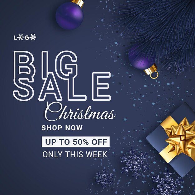 Promoción de ventas de Navidad con decoraciones de oro y azul marino oscuro