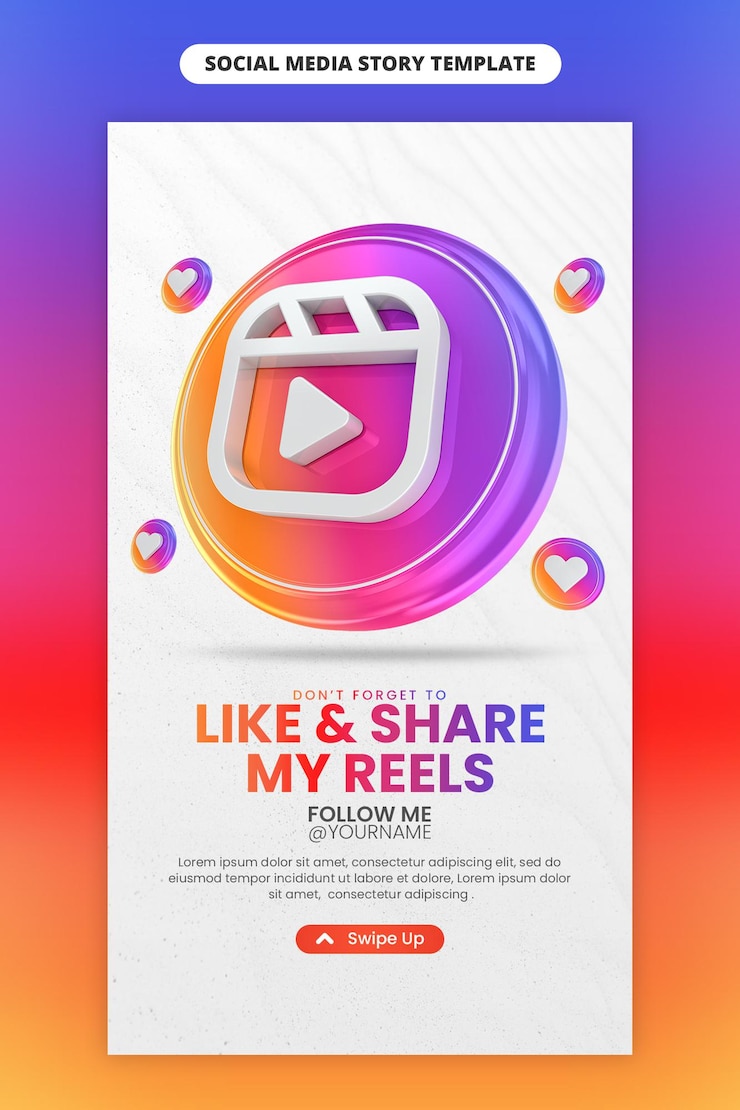 PSD promosi halaman bisnis dengan ikon reels instagram render 3d untuk template cerita instagram dan media sosial