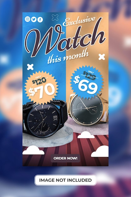 PSD promotion exclusive de produits de marques de montres avec un modèle d'histoires sur les réseaux sociaux psd premium