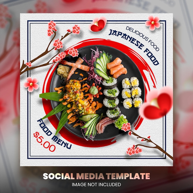 PSD promotion des médias sociaux de la cuisine asiatique et modèle de conception de publication de bannière instagram