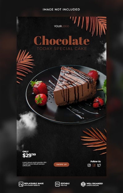 PSD promotion de menu de gâteau au chocolat élégant sur les médias sociaux instagram histoires ou modèle de bannière psd premium