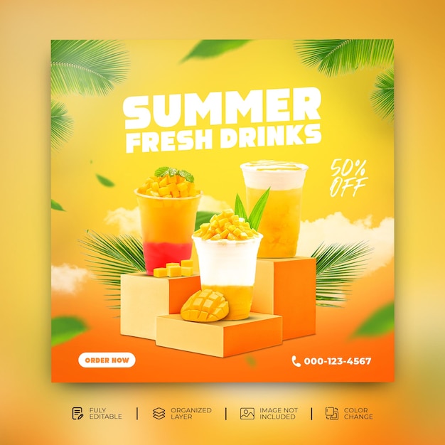 Promotion Spéciale Du Menu Des Boissons à L'orange D'été Bannière De Publication Sur Les Médias Sociaux Instagram Modèle Psd