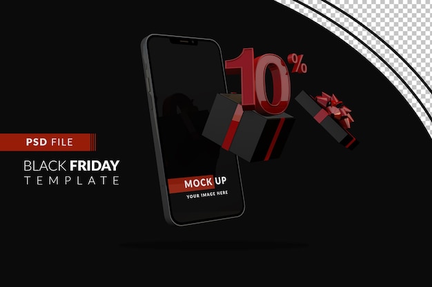 Promozione del black friday del 10% con mockup di smartphone e confezione regalo nera