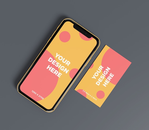 PSD pronto para usar maquete de smartphone com vista superior do cartão de visita