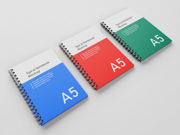 Pronto para usar três corporate hardcover espiral a5 binder notebook mock up modelo de design em vista em perspectiva