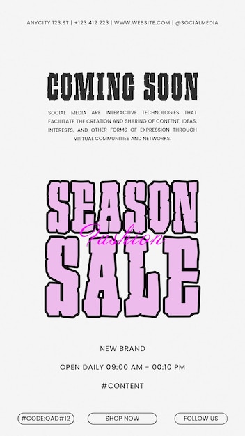 Pronto la temporada de venta de moda en Instagram Historias plantilla PSD Diseño de redes sociales banner tipografía