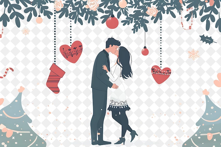 PSD propuesta romántica de navidad con pareja besándose bajo la ilustración mi diseño artístico de navidad