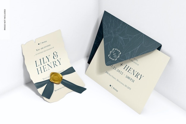 Prospettiva del mockup dell'invito della carta di matrimonio strappato