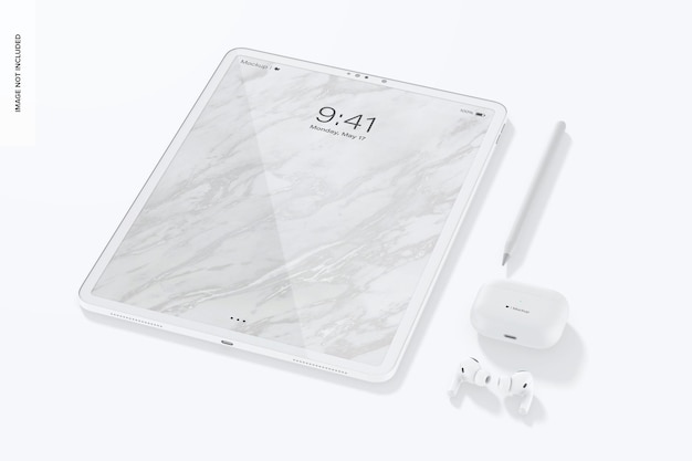 Prospettiva del mockup di tablet Clay e auricolari Bluetooth 02