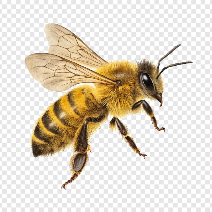 PSD prossimo piano dettagliato di un'ape mellifera in volo con ali trasparenti e strisce gialle