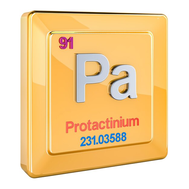 Protactinium Pa chemisches Elementzeichen mit der Nummer 91 im Periodensystem 3D-Rendering isoliert auf durchsichtigem Hintergrund
