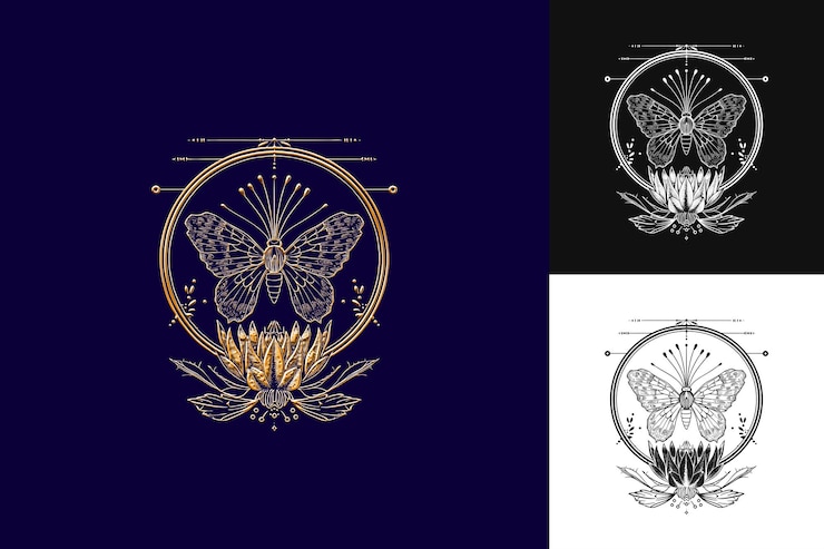 PSD protea fleurit avec des formes de papillon stylisées et une conception vectorielle d'illustration créative minimaliste