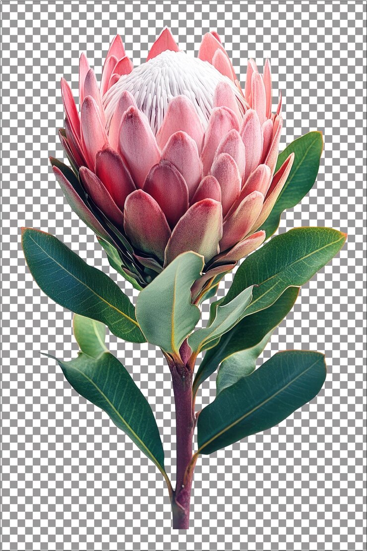 Protea flor exótica y llamativa hiperrealista llanura blanca aislada fondo transparente alto