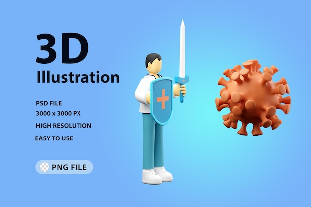 Proteção de ilustração 3D do médico do conceito de infecção por vírus em pé segurando escudo e espada para p