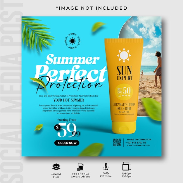 Protector solar crema de verano publicación en las redes sociales