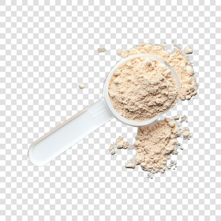 PSD proteinpulver mit isolierter kunststoffschüssel auf durchsichtigem hintergrund