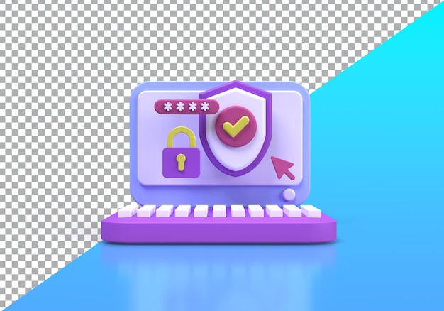 Protetor de escudo moderno com ícone de renderização 3D de fundo de ilustração de laptop para negócios