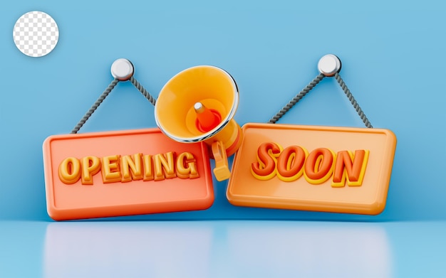 Próximamente se abrirá un cartel colgante con un megáfono 3D Render Concept para un gran anuncio de lanzamiento