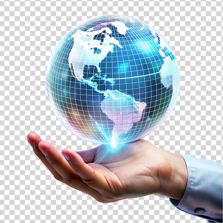 PSD proyección holográfica del mundo digital con la mano en un fondo transparente