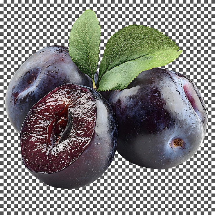 PSD une prune avec une feuille qui dit " le mot prune " sur elle