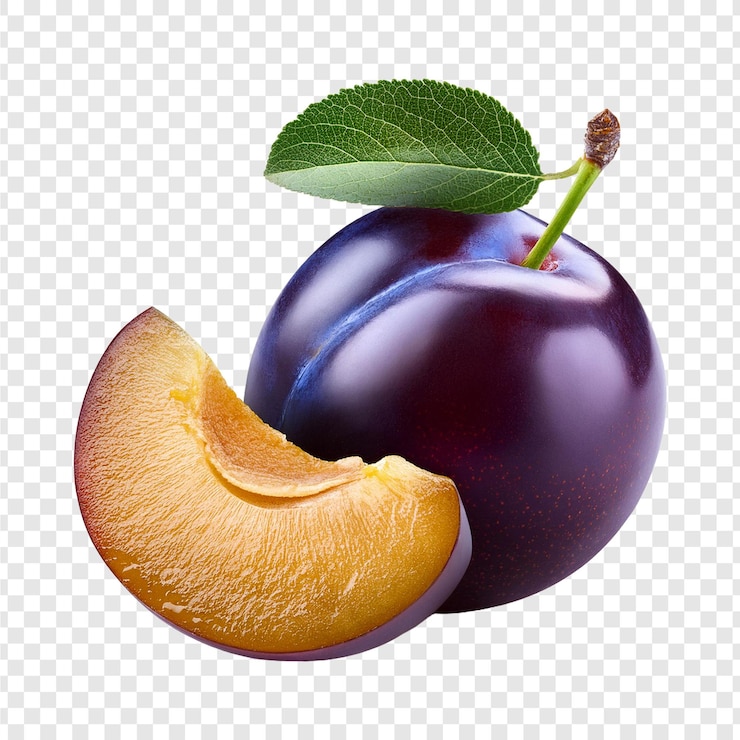 PSD une prune pourpre et la moitié d'une moitié d'orange