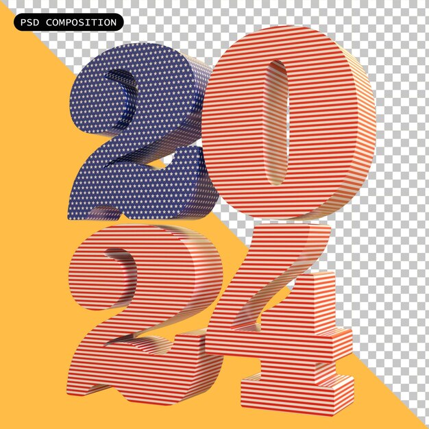 PSD psd 2024 année nouvelle typographie de symbole 3d isolée illustration de rendu 3d