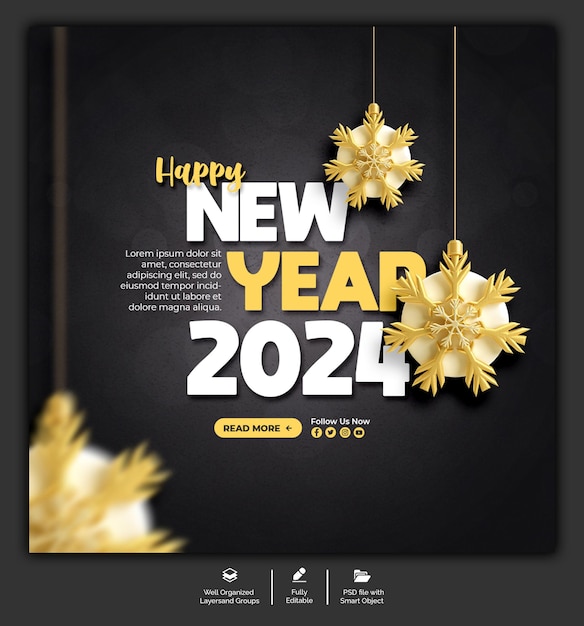 PSD 2024 feliz ano novo modelo de mídia social