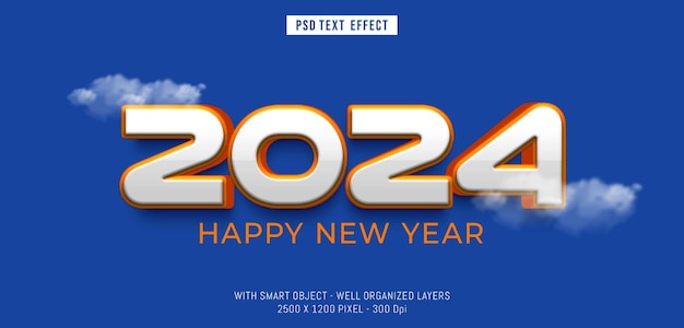 psd 2024 happy new year with font bold editable 3d style effect