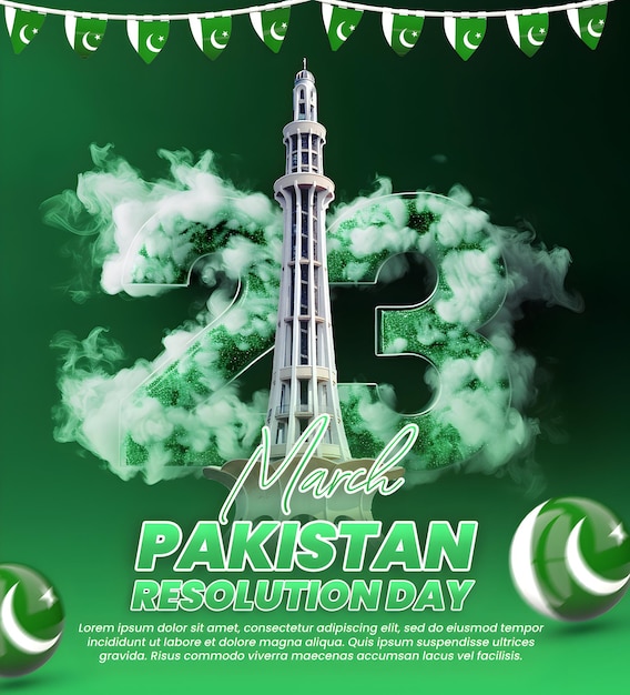 PSD psd 23 mars journée du pakistan avec le minar e pakistan les médias sociaux modifiables et le post de vente à prix réduit de mars