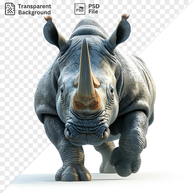 Psd 3d animado rinoceronte carregando com um chifre e olho preto acompanhado por um elefante cinza e perna com uma sombra branca no fundo