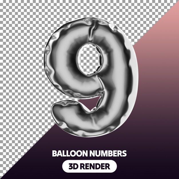 PSD 3d aufgeblasenes Ballon-Symbol von numerischen Ziffern PNG Isolierte 3D-Render in metallischer Silberfarbe