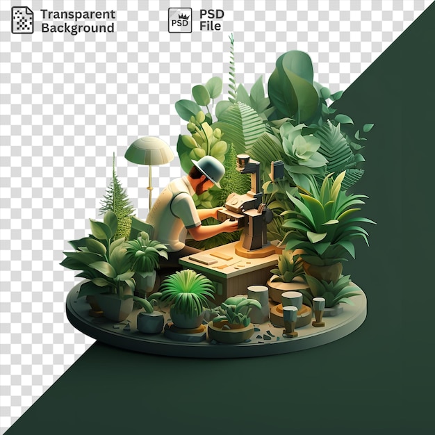 Psd 3d biólogo estudiando plantas en un invernadero rodeado de exuberante vegetación y una lámpara blanca con una olla blanca y una planta verde añadiendo un toque de naturaleza a la escena