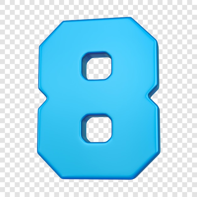 PSD 3d Blaue metallische Nummer 8 auf durchsichtigem Hintergrund